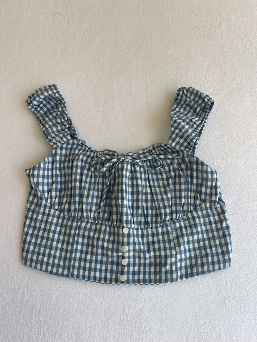 Monteau Blue Gingham Ruffle Strap Button Front Crop Top Size M Cottagecore